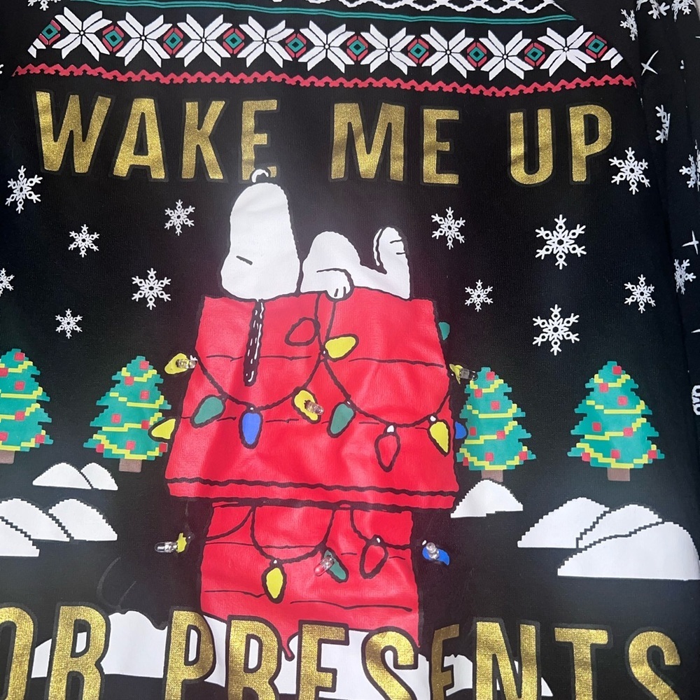 Peanut Snoopy Wake Me Up For Presents Ugly Christmas Black Sweater Women Small - Picture 2 of 5